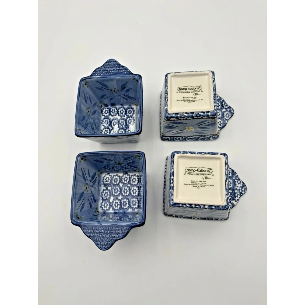 Temp-tations Old World Blue Set of 4 Mini Square Bakers Ramekins Handles